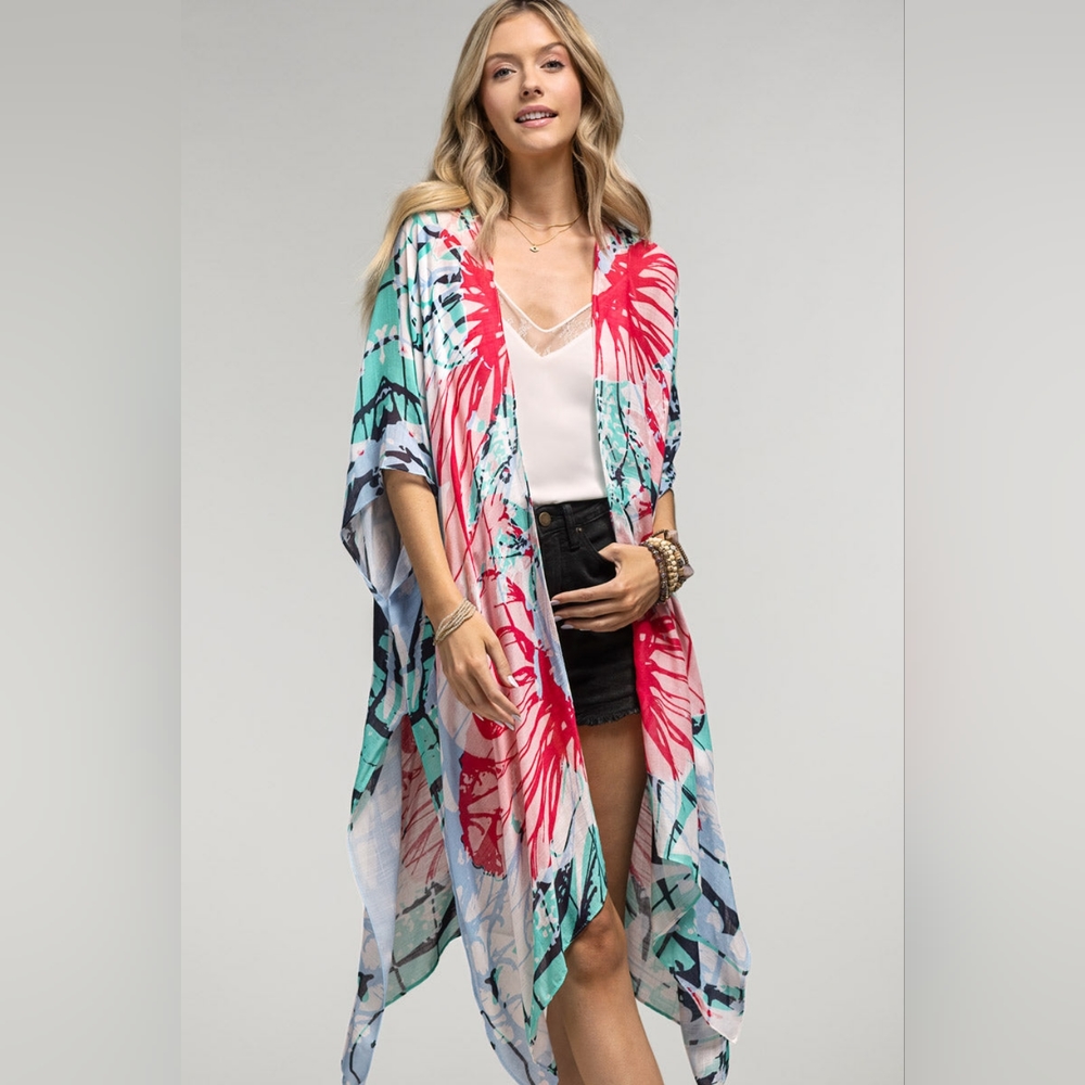 Large Flower Print Kimono w Side Slits - Lightweight Silky Material
